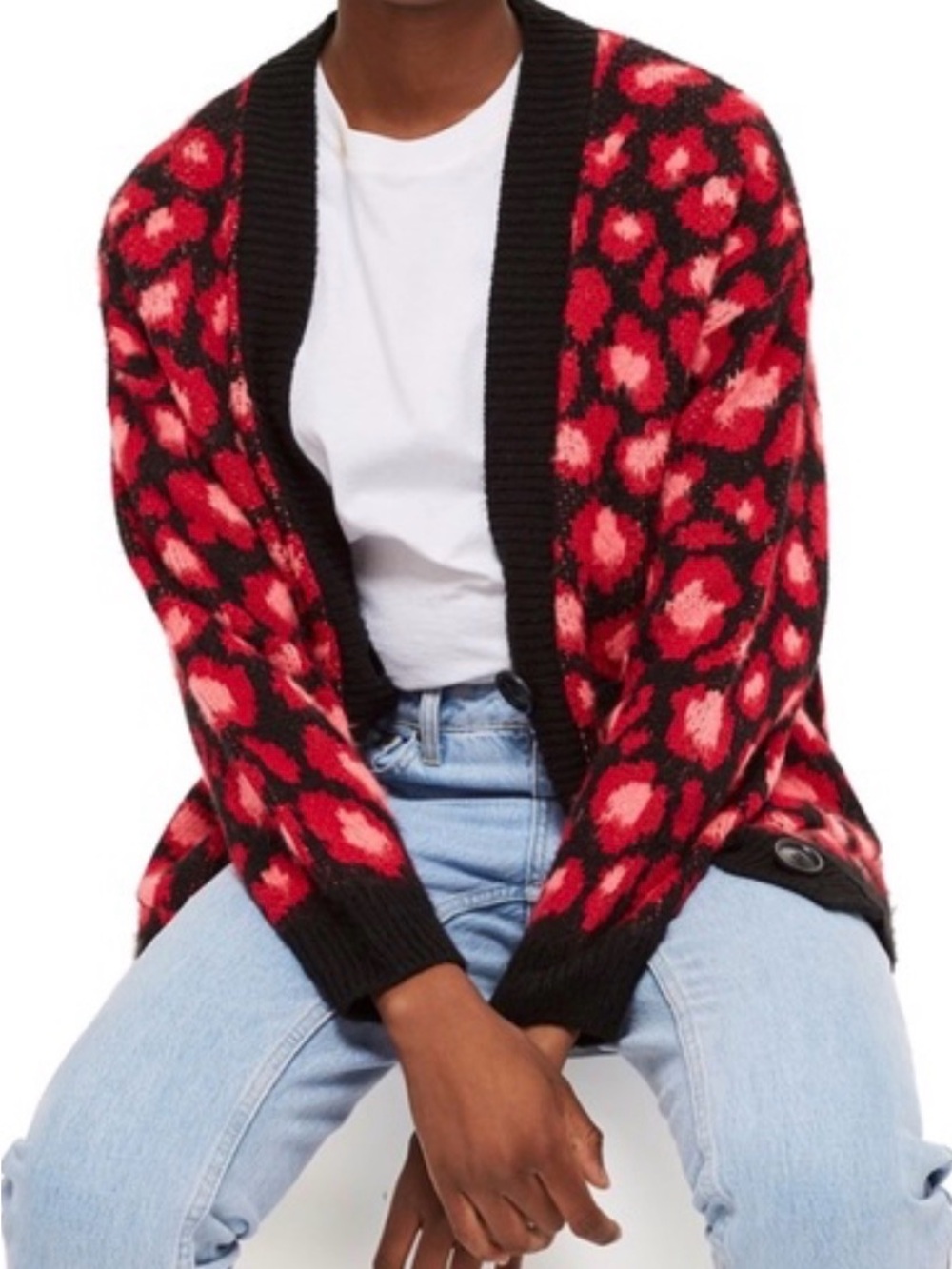 Topshop Red and Pink Leopard-Print Open Cardigan